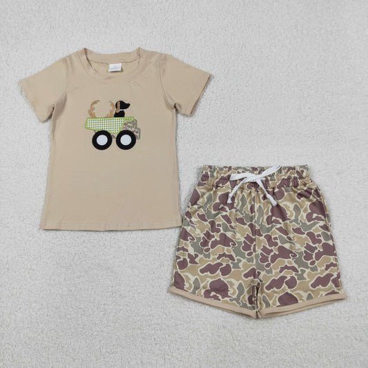 BSSO1576 Baby Boys Embroidery Truck Deer Dogs Top Pockets Shorts Hunting Clothes Sets