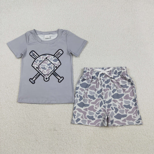 BSSO1589 Baby Boys Light Grey Camo Baseballs Top Pockets Shorts Team Clothes Sets