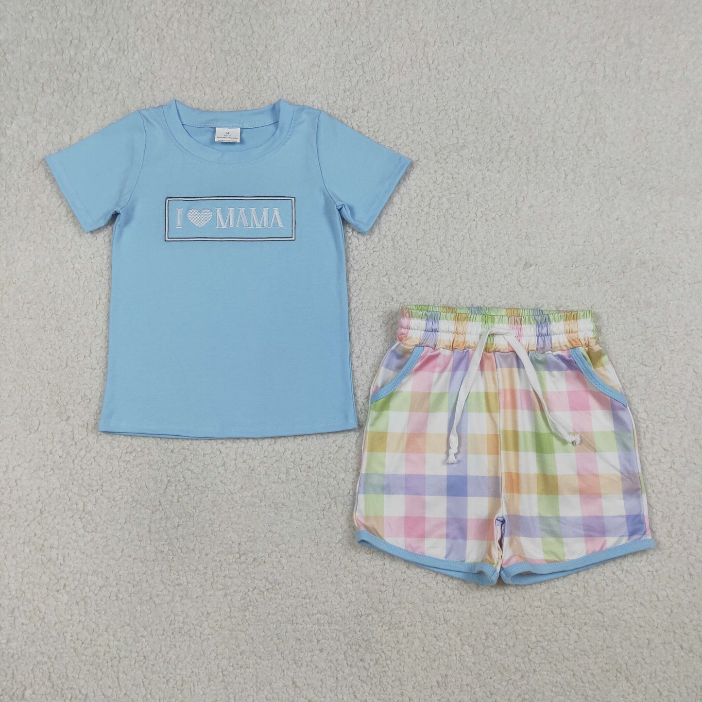 BSSO1605 Baby Boys Embroidery I Love Mama Top Checked Pockets Short Clothes Set