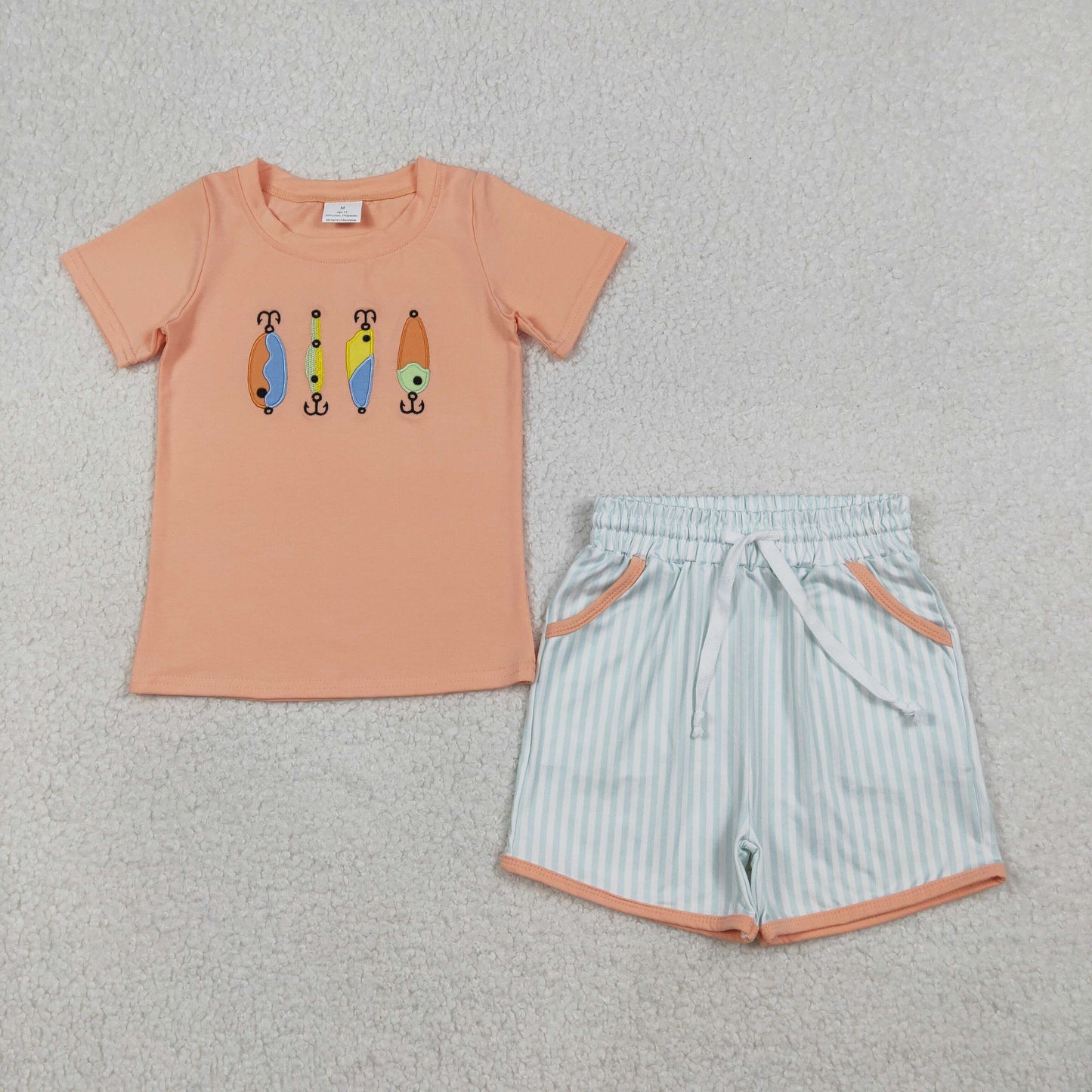 BSSO1606 Baby Boys Embroidery Fishing Top Pockets Stripe Shorts Hunting Clothes Sets