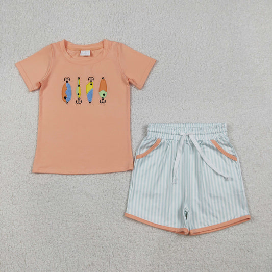 BSSO1606 Baby Boys Embroidery Fishing Top Pockets Stripe Shorts Hunting Clothes Sets