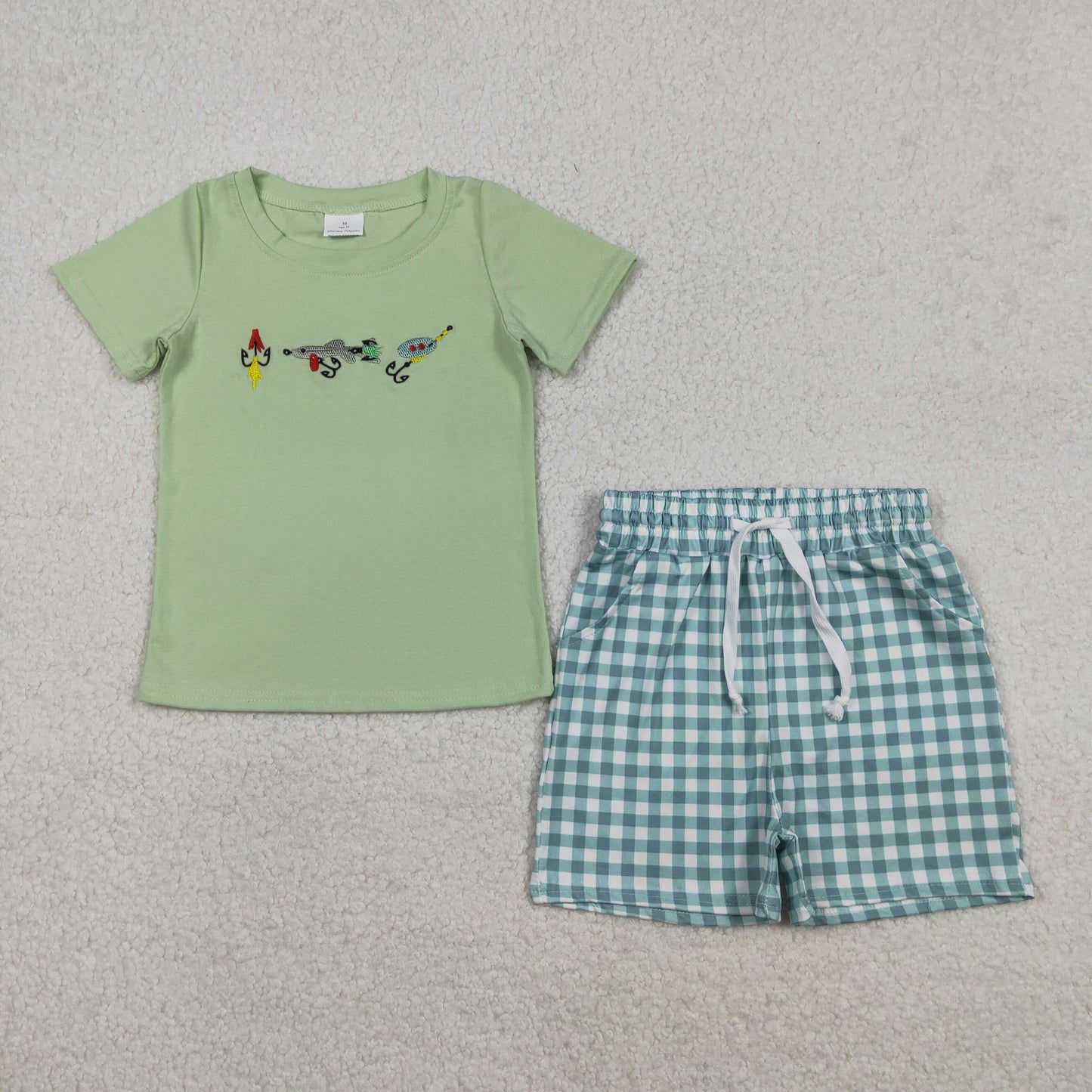 BSSO1621 Baby Boys Embroidery Fishing Top Checked Pockets Shorts Hunting Clothes Sets