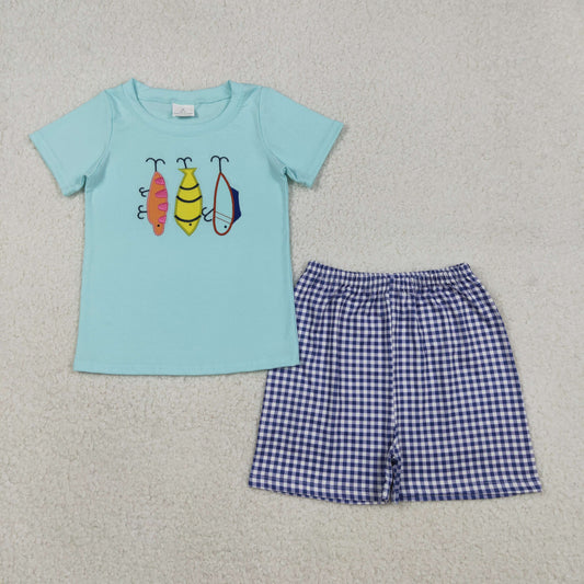 BSSO1628 Baby Boys Embroidery Fishing Top Checked Shorts Hunting Clothes Sets