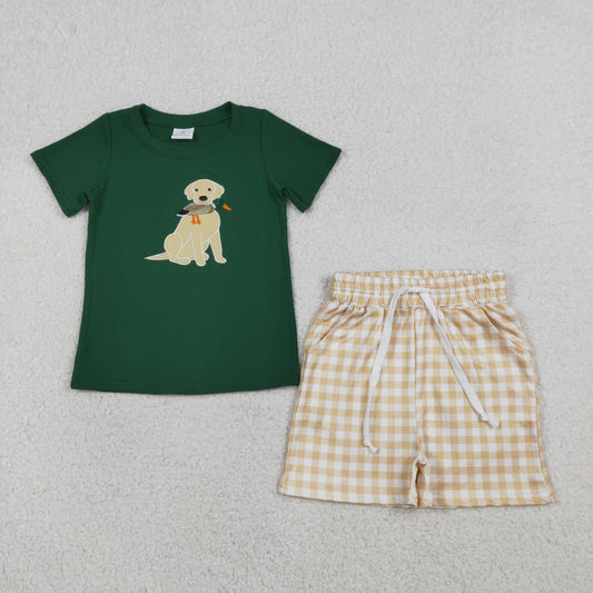 BSSO1636 Baby Boys Embroidery Dog Duck Top Checked Pockets Short Hutning Clothes Sets