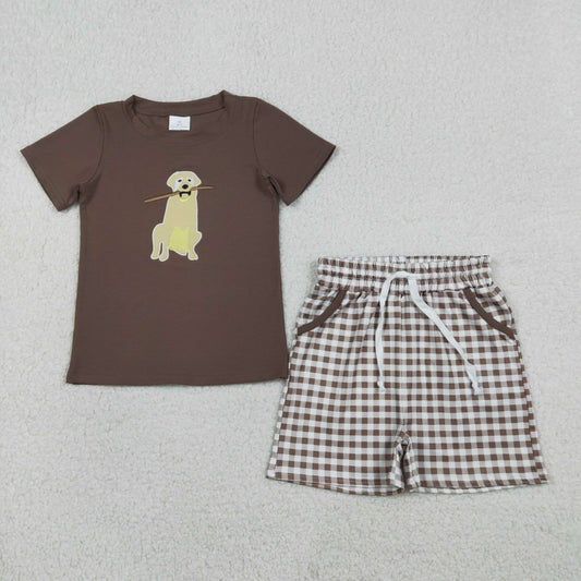 BSSO1637 Baby Boys Embroidery Dogs Top Checked Pockets Short Hunting Clothes Sets