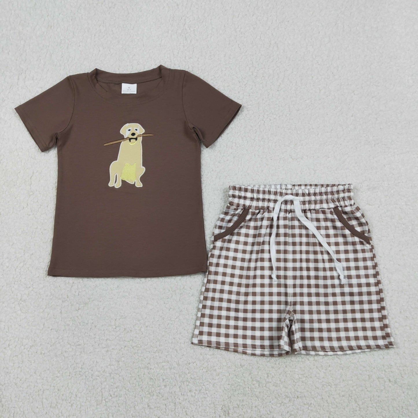 Sibling Baby Boys Embroidery Dog Ducks Top Checked Pockets Short Hunting Clothes Sets
