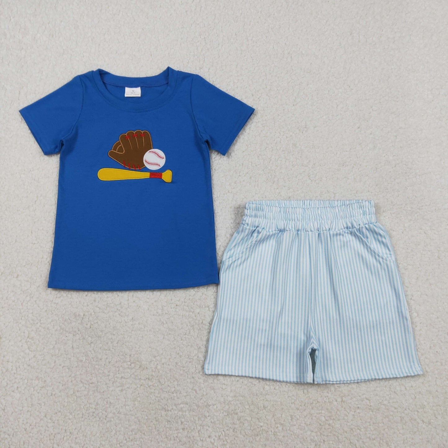 BSSO1670 Baby Boys Embroidery Baseballs Top Stripe Pockets Short Team Clothes Sets