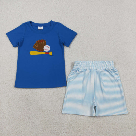 BSSO1670 Baby Boys Embroidery Baseballs Top Stripe Pockets Short Team Clothes Sets