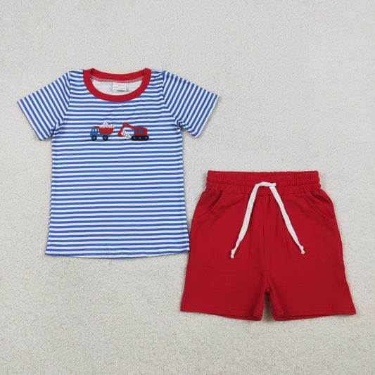 BSSO1671 Baby Boys Embroidery Baseballs Trucks Stripe Top Pockets Short Team Clothes Sets