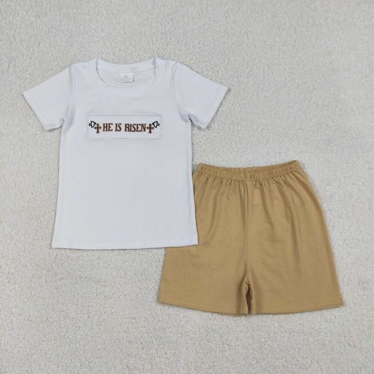 BSSO1674 Baby Boys Embroidery Crosses He is Risen Top Shorts Easter Clothes Sets