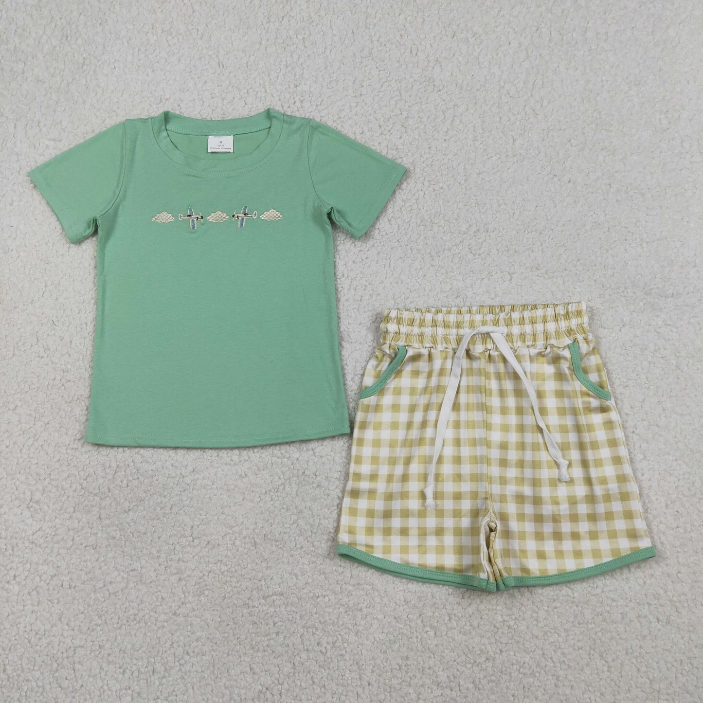 BSSO1684 Baby Boys Embroidery Palnes Clouds Top Checked Pockets Short Clothes Set