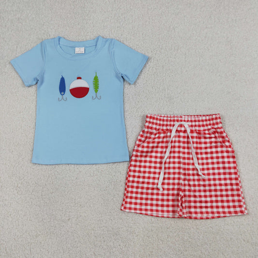 BSSO1699 Baby Boys Embroidery Fishing Top Checked Pockets Short Hunting Clothes Set
