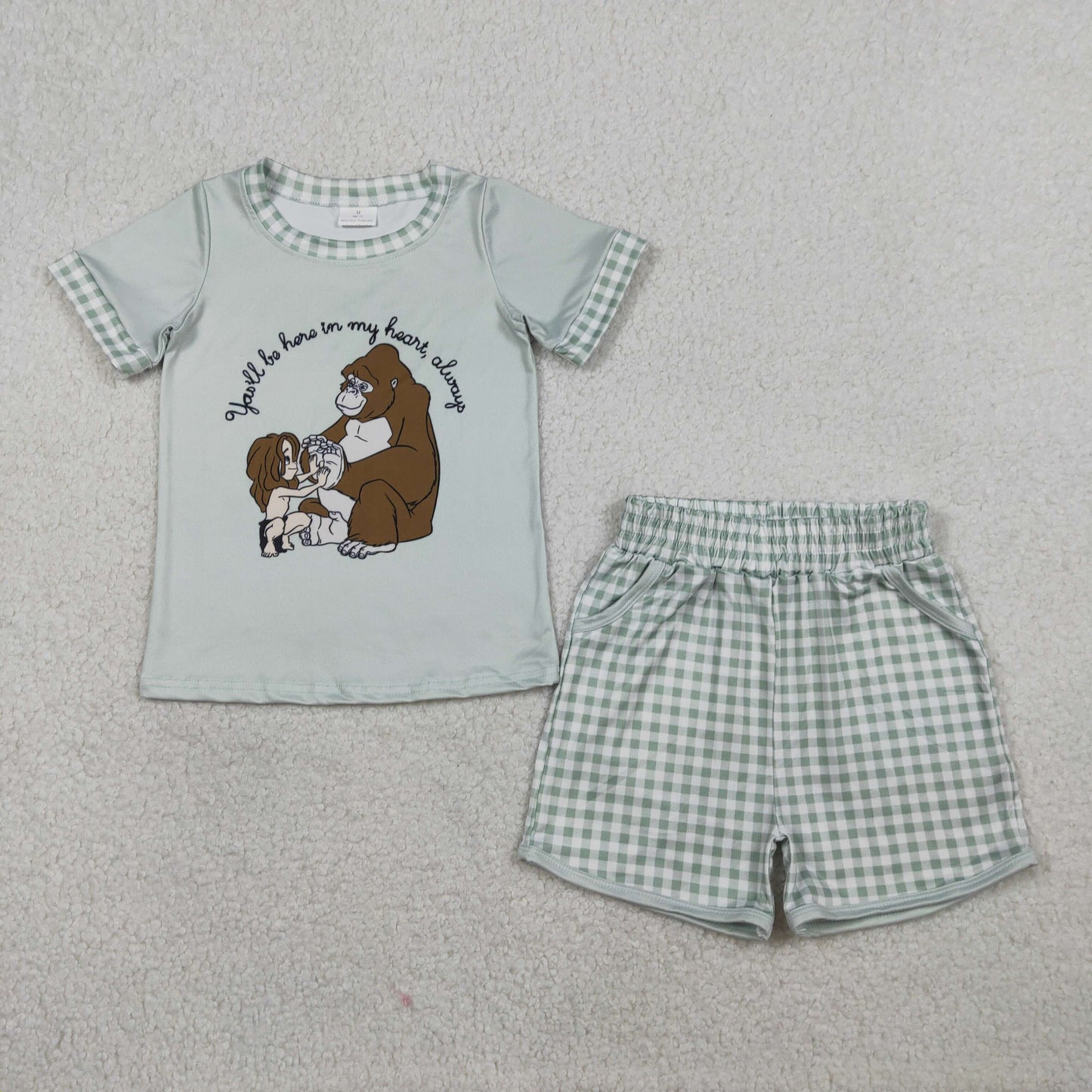 Sibling Baby Boys Girls Cartoon Monkey Top Checked Pockets Short Clothes Set Rompers