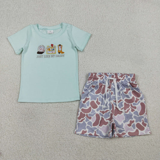 BSSO1710 Baby Boys Embroidery Hat Boots Just My Daddy Top Camo Pockets Short Clothes Sets