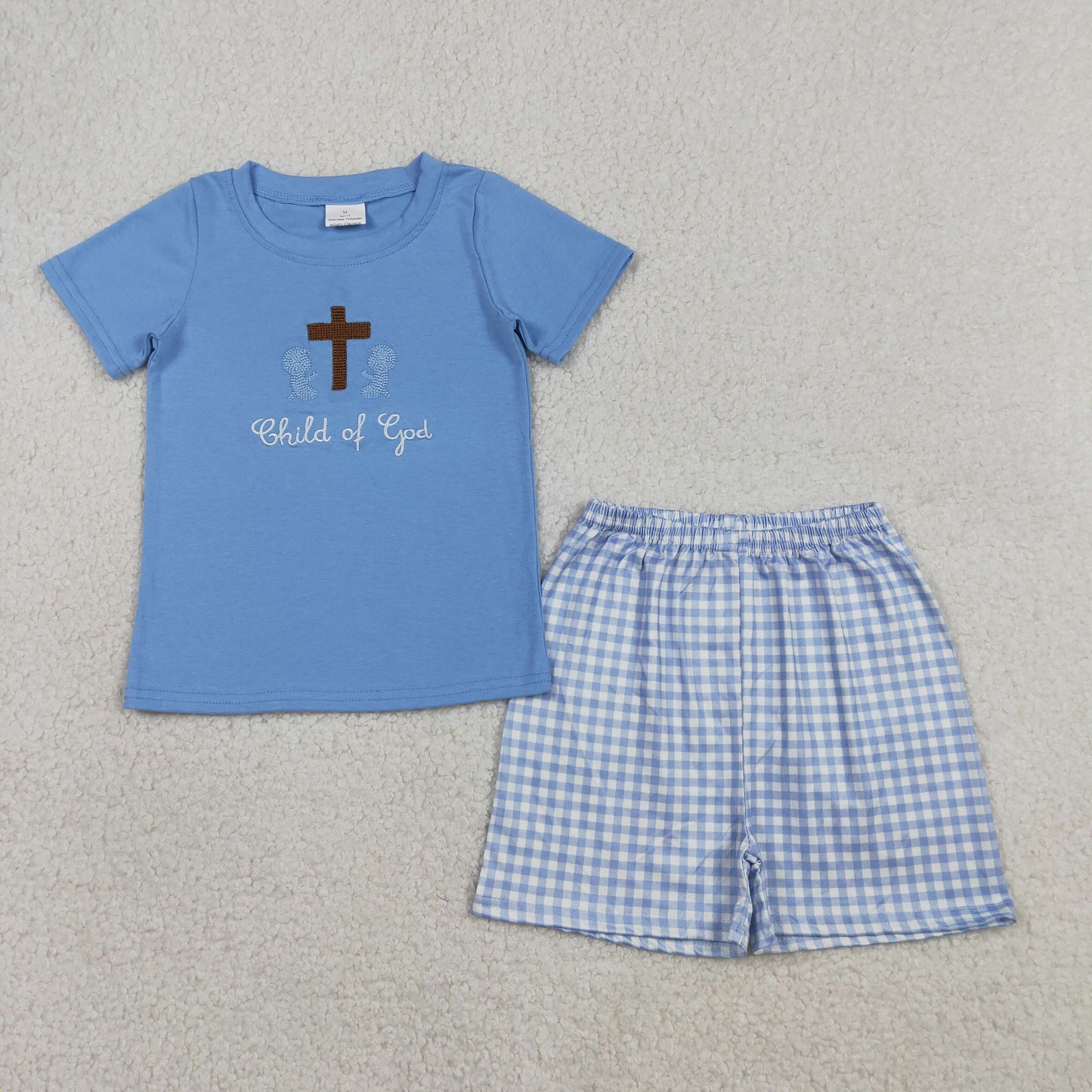 BSSO1714 Baby Boys Embroidery Child of God Crosses Top Checked Short Clothes Set