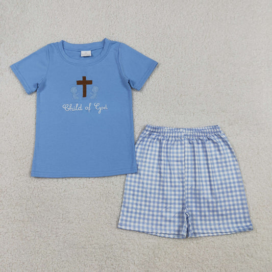 BSSO1714 Baby Boys Embroidery Child of God Crosses Top Checked Short Clothes Set