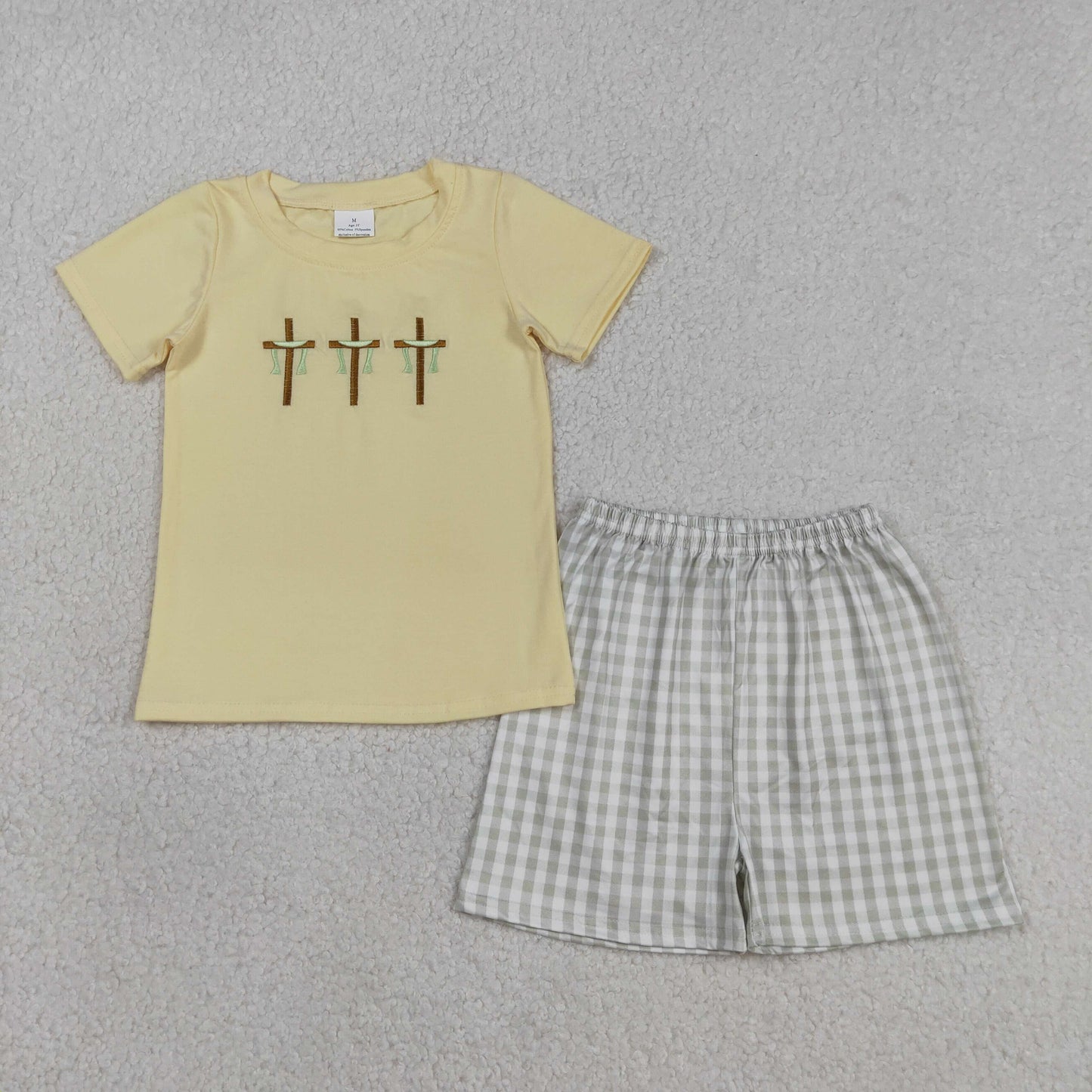 BSSO1717 Baby Boys Embroidery Crosses Top Grey Checked Short Easter Clothes Sets