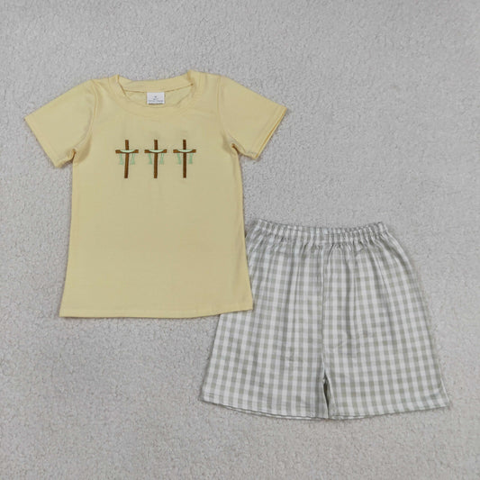 BSSO1717 Baby Boys Embroidery Crosses Top Grey Checked Short Easter Clothes Sets