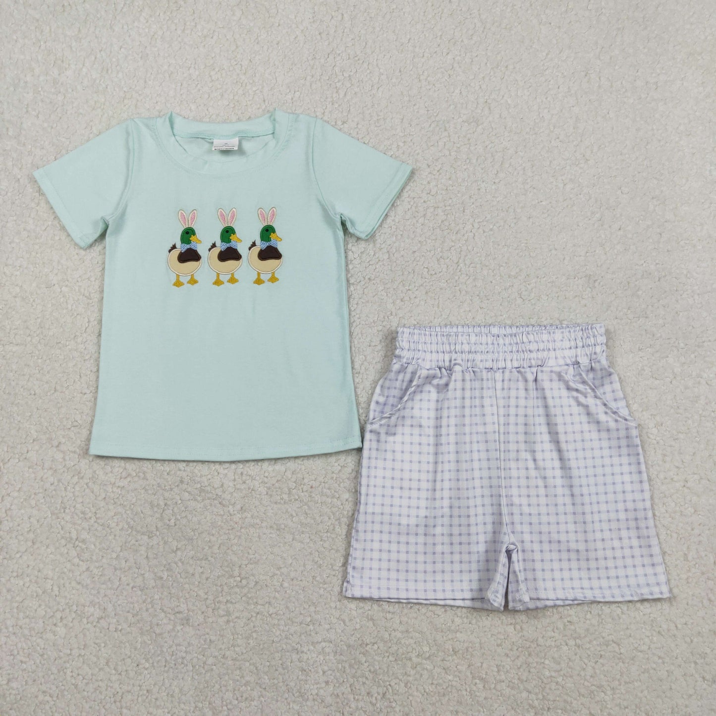 BSSO1719 Baby Boys Embroidery Rabbit Ducks Top Checked Pockets Short Easter Clothes Sets
