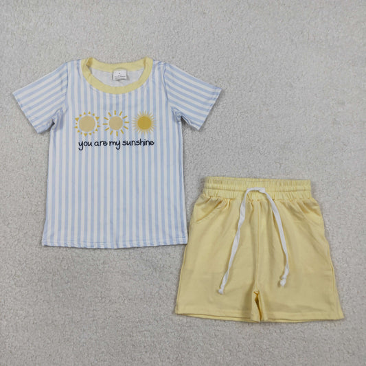 BSSO1734 Baby Boys Blue Stripe You are My Sunshine Top Pockets Shorts Clothes Sets