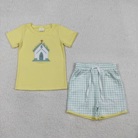 BSSO1740 Baby Boys Embroidery Church Cross Top Checked Pockets Short Easter Clothes Sets