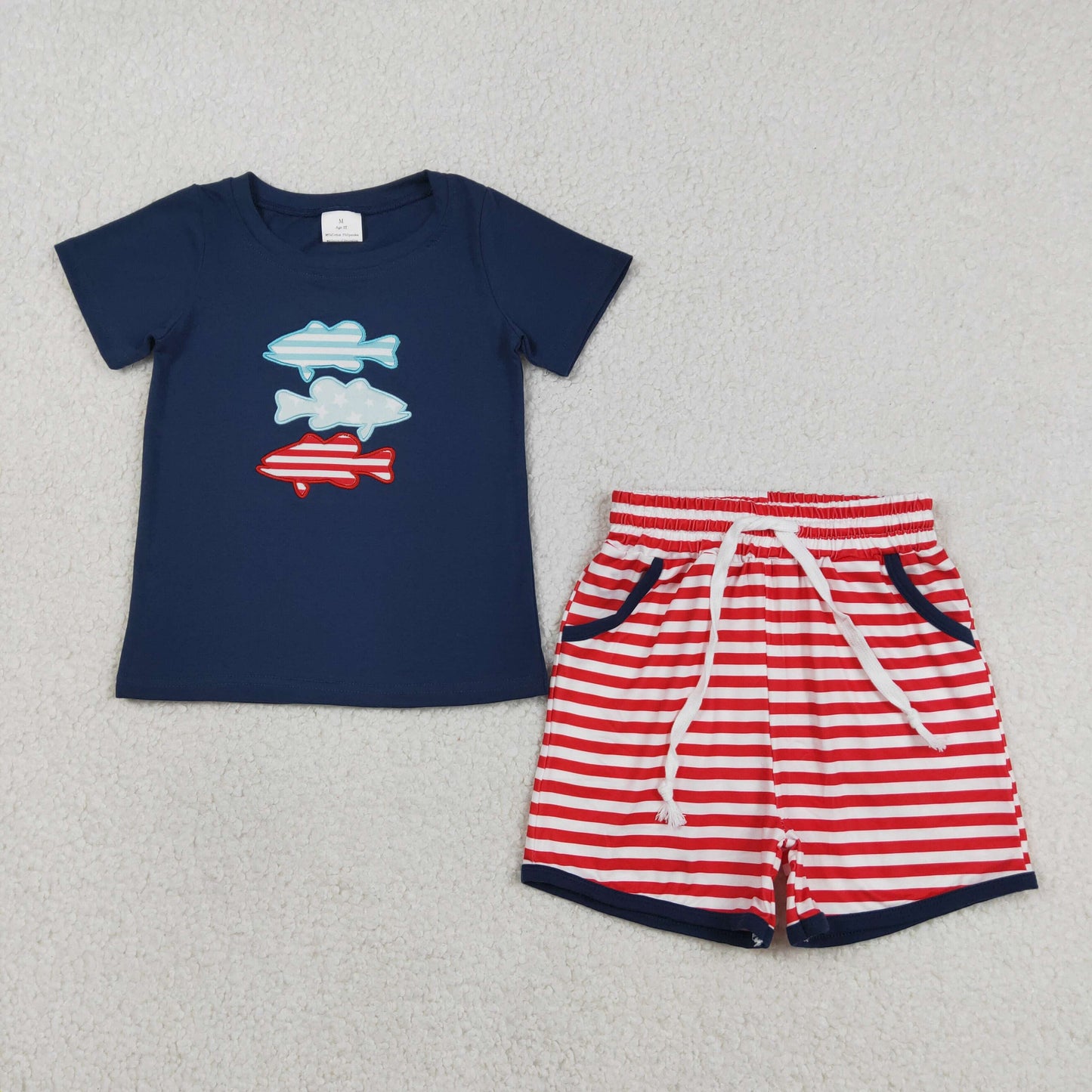 BSSO1741 Baby Boys Embroidery Stripe Fishes Top Pockets Short 4th of July Clothes Sets