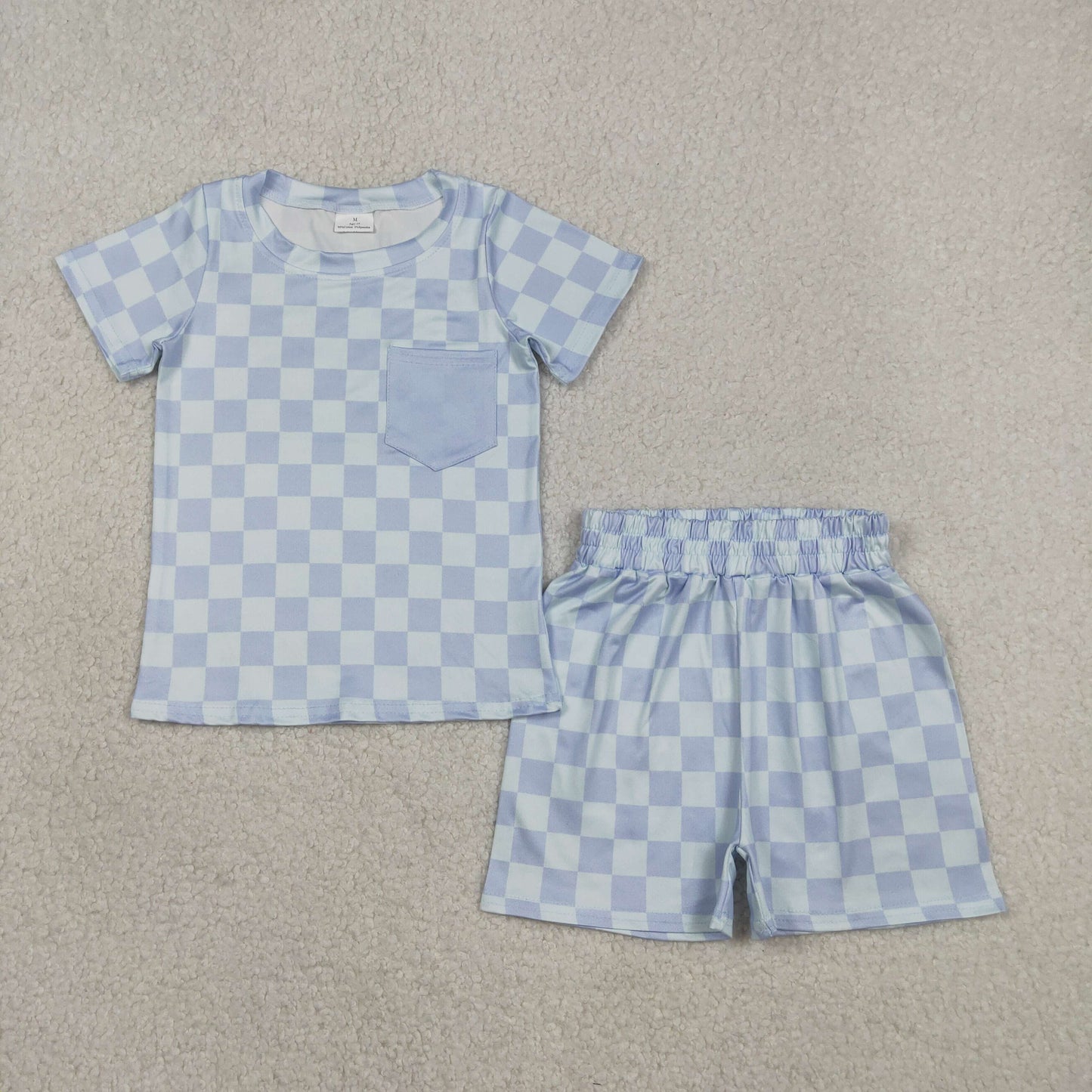 BSSO1753 Baby Boys Light Blue Checked Pocket Top Shorts Pajamas Clothes Sets