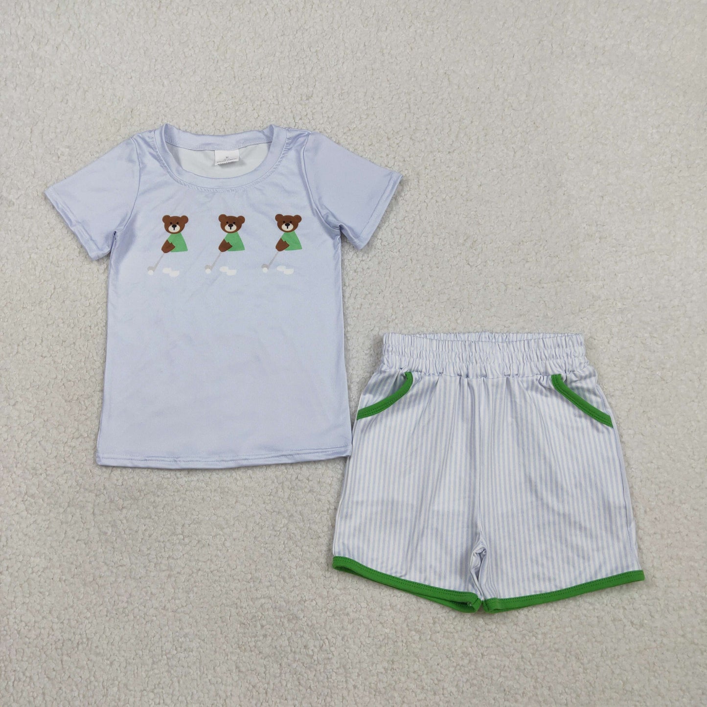 BSSO1757 Baby Boys Golf Bears Top Stripe Pockets Short Clothes Sets