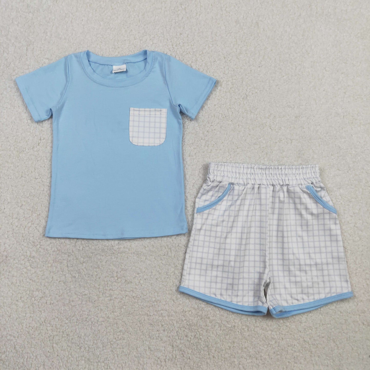 BSSO1762 Baby Boys Blue Short Sleeve Shirts Top Checked Pockets Shorts Clothes Sets