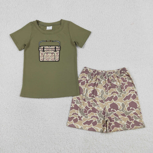BSSO1767 Baby Boys Southern Embroidery Khaki Camo Boxes Top Short Clothes Sets