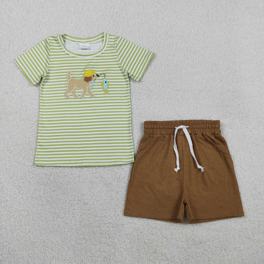 BSSO1768 Baby Boys Embroidery Dog Fishing Stripe Top Pockets Short Hunting Clothes Sets