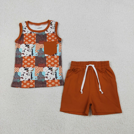 BSSO1773 Baby Boys Aztec Bull Skulls Checked Top Pockets Shorts Western Clothes Sets