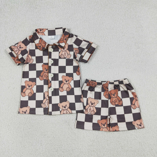BSSO1774 Baby Boys Black Checked Bears Button Top Short Pajamas Sets