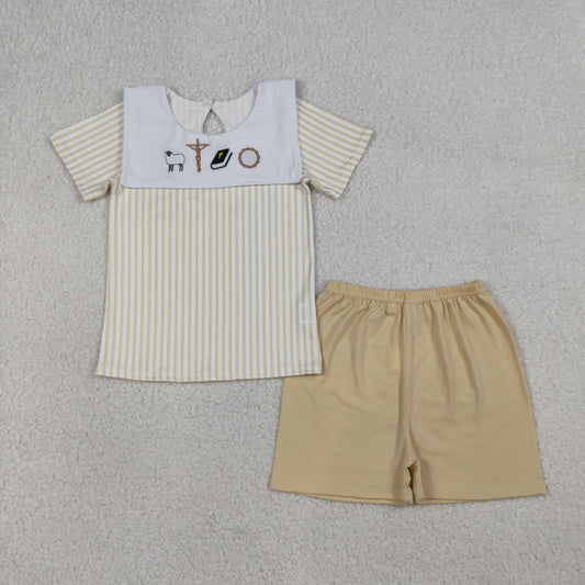 BSSO1777 Baby Boys Embroidery Cross Sheep Yellow Stripe Top Short Clothes Set