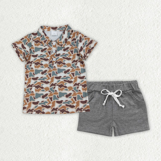 BSSO1782 Baby Boys Southern Khaki Camo Button Polo Shirt Pockets Shorts Clothes Sets