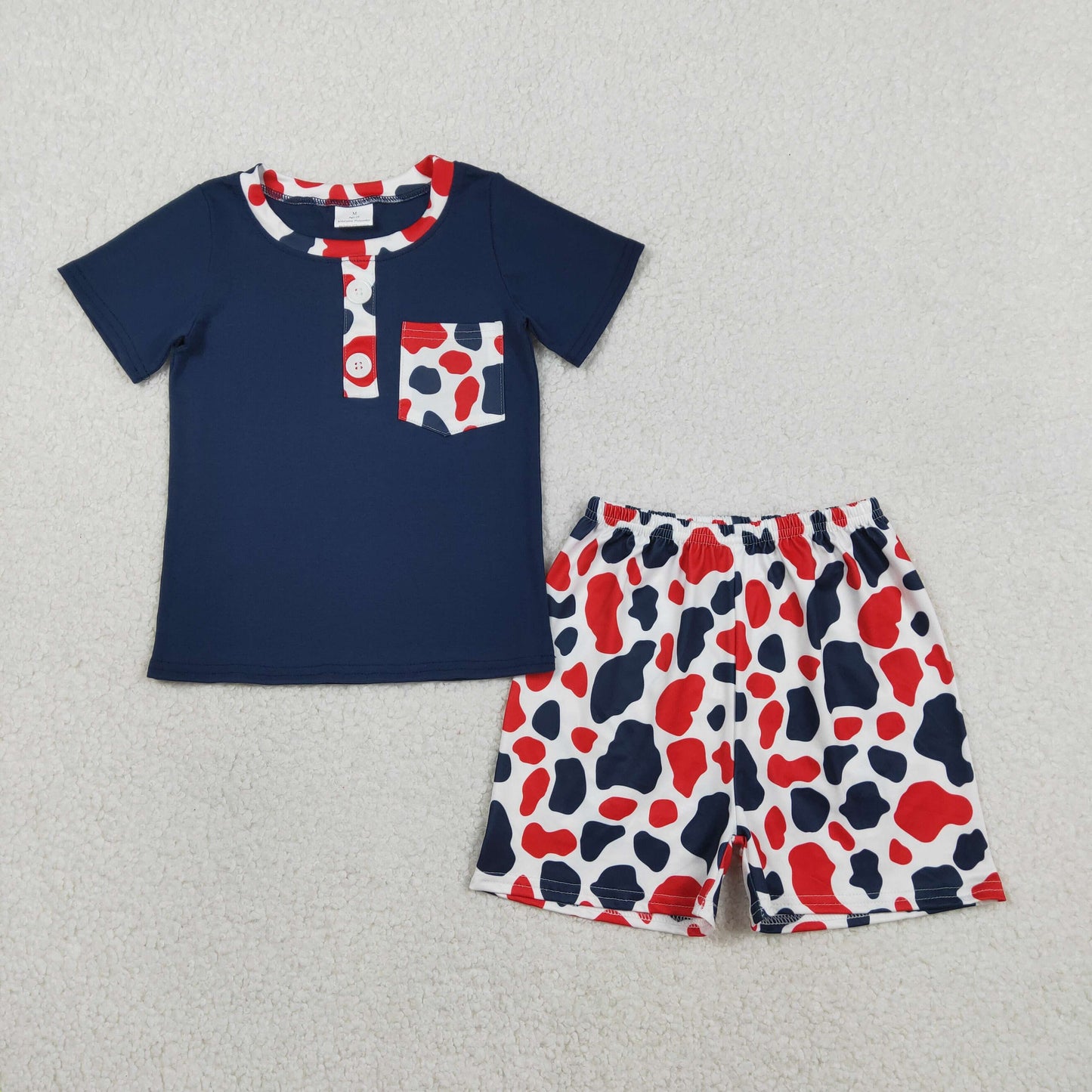 BSSO1783 Baby Boys Red Blue Cow Print Button Pocket Top Shorts 4th of Jult Clothes Sets