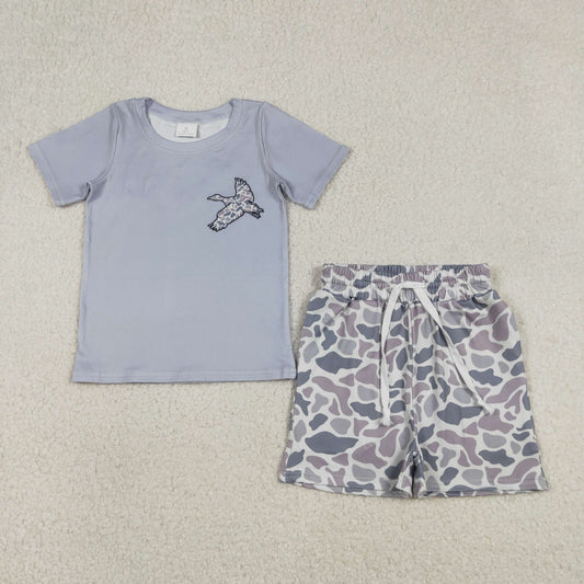 BSSO1787 Baby Boys Light Grey Camo Ducks Top Pockets Shorts Hunitng Clothes Sets