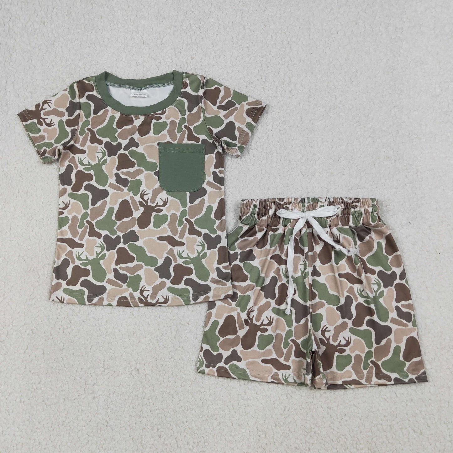 BSSO1792 Baby Boys Southern Green Deer Camo Top Pockets Short Hunting Clothes Set