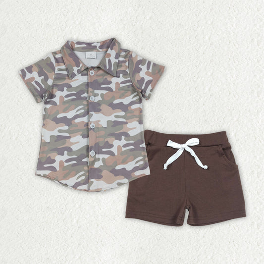 BSSO1804 Baby Boys Southern Camo Button Shirt Pockets Shorts Clothes Sets