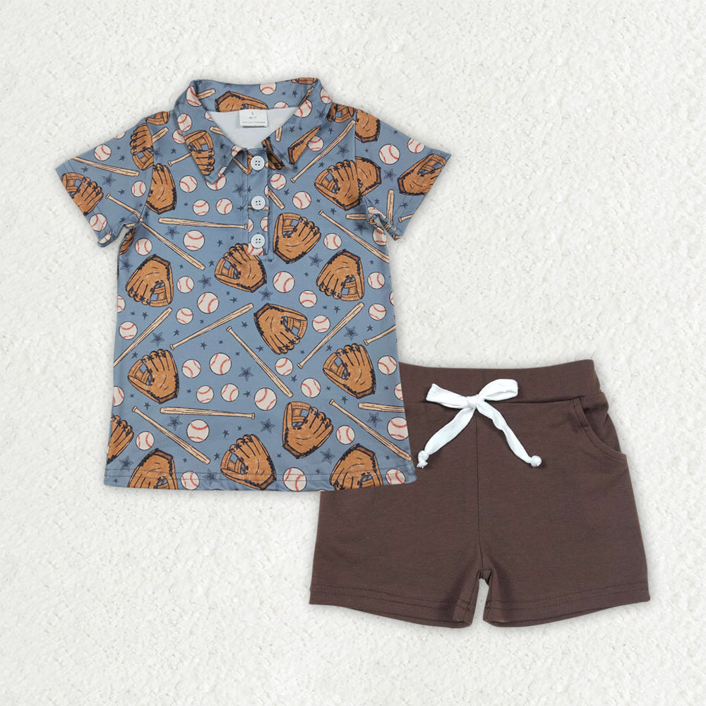 BSSO1806 Baby Boys Baseballs Button Polo Shirt Pockets Shorts Team Clothes Sets