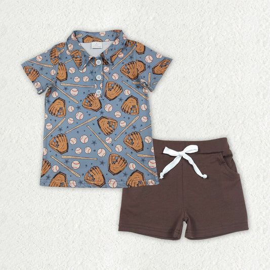 BSSO1806 Baby Boys Baseballs Button Polo Shirt Pockets Shorts Team Clothes Sets