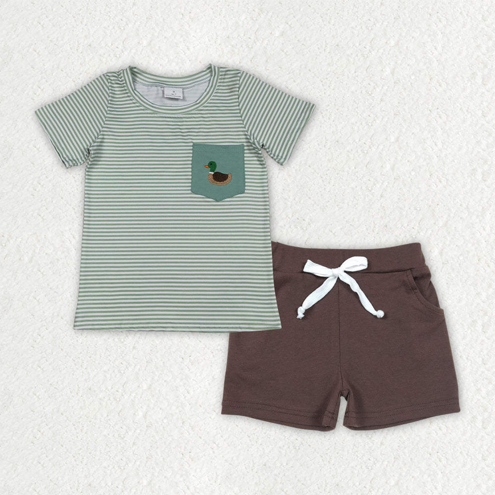 BSSO1807 Baby Boys Embroidery Ducks Green Stripe Top Pockets Shorts Hunting Clothes Sets