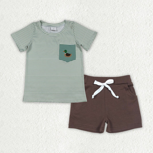 BSSO1807 Baby Boys Embroidery Ducks Green Stripe Top Pockets Shorts Hunting Clothes Sets