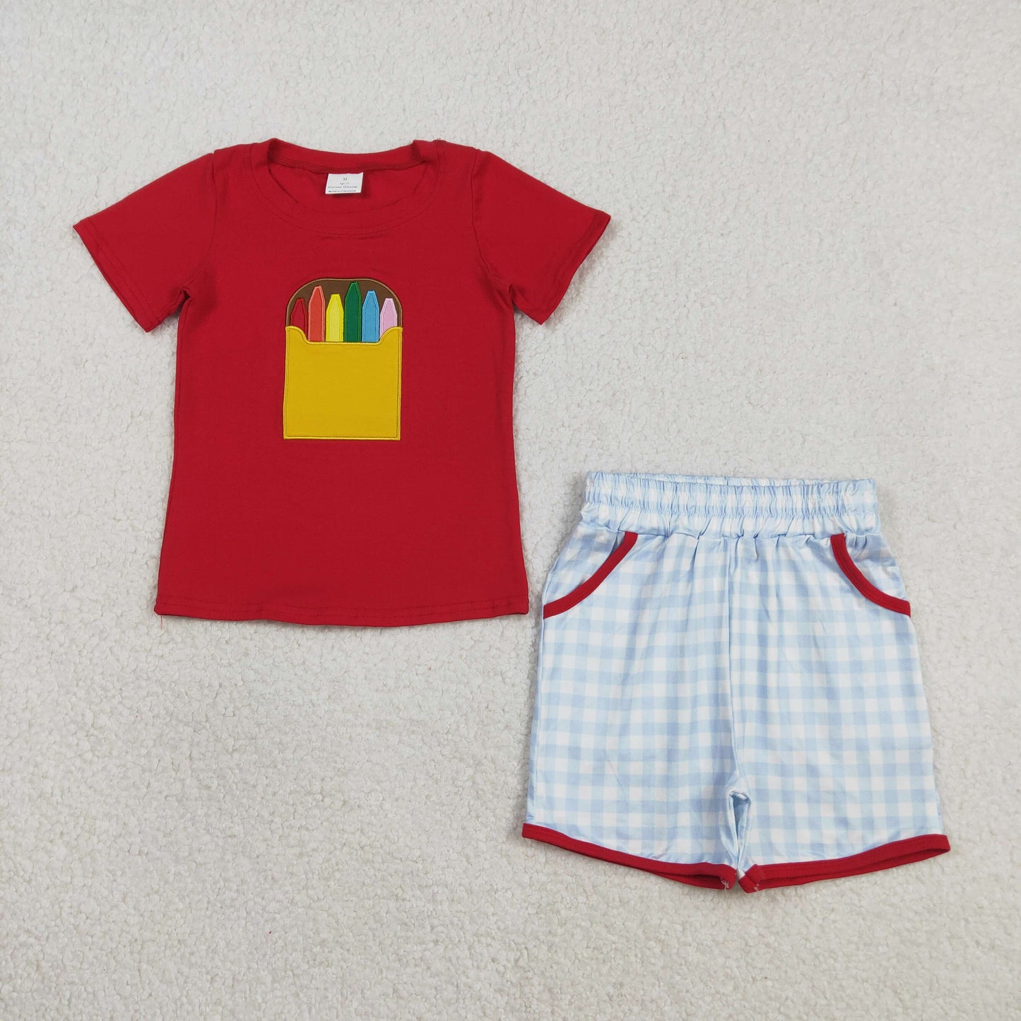 BSSO1819 Baby Boys Embroidery Pencils Top Checked Pockets Short Back to School Sets