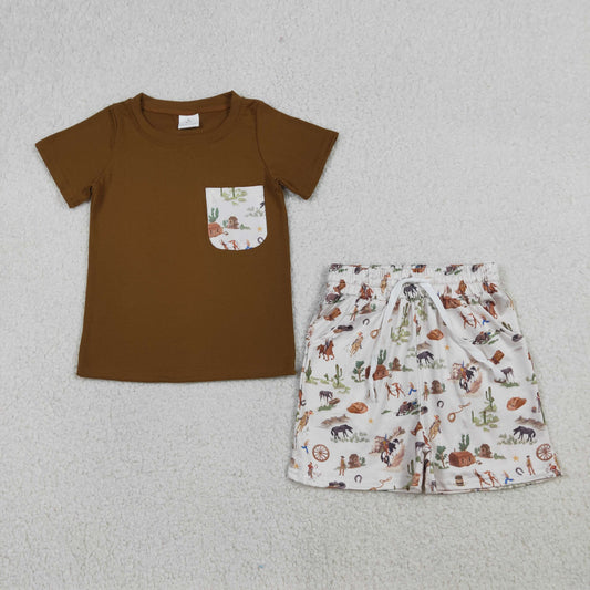 BSSO1825 Baby Boys Brown Shirt Top Horse Rodeos Pockets Short Western Clothes Sets