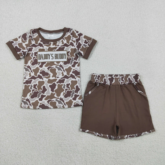 BSSO1832 Baby Boys Embroidery Daddy's Buddy Brown Camo Top Pockets Short Clothes Sets