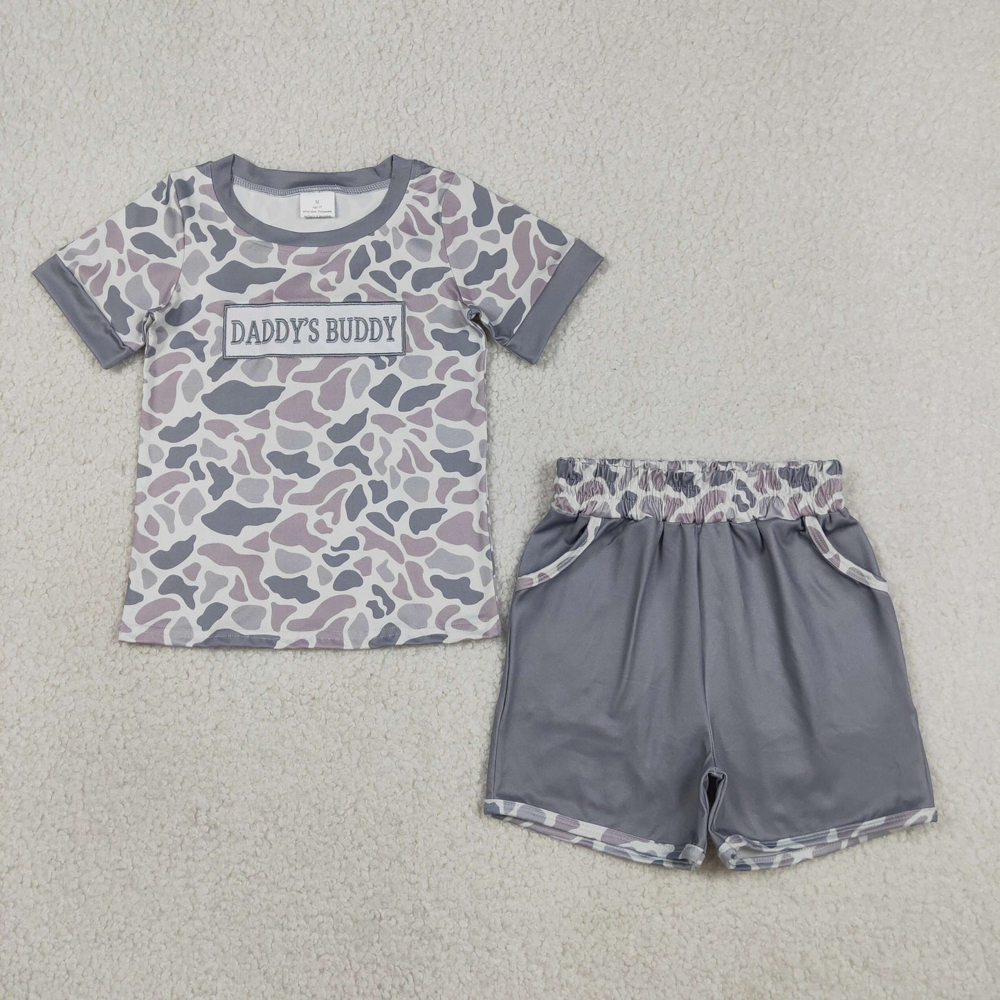 BSSO1838 Baby Boys Grey Camo Embroidery Daddy's Buddy Top Pockets Short Clothes Set