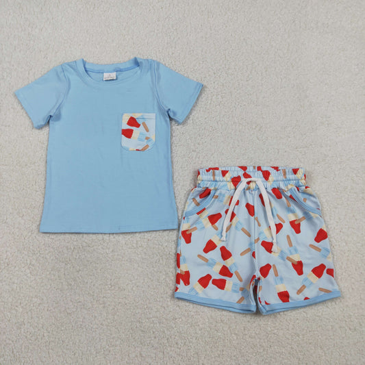 BSSO1844 Baby Boys Red Blue Popsicle Pocket Top Shorts 4th of Jult Clothes Sets