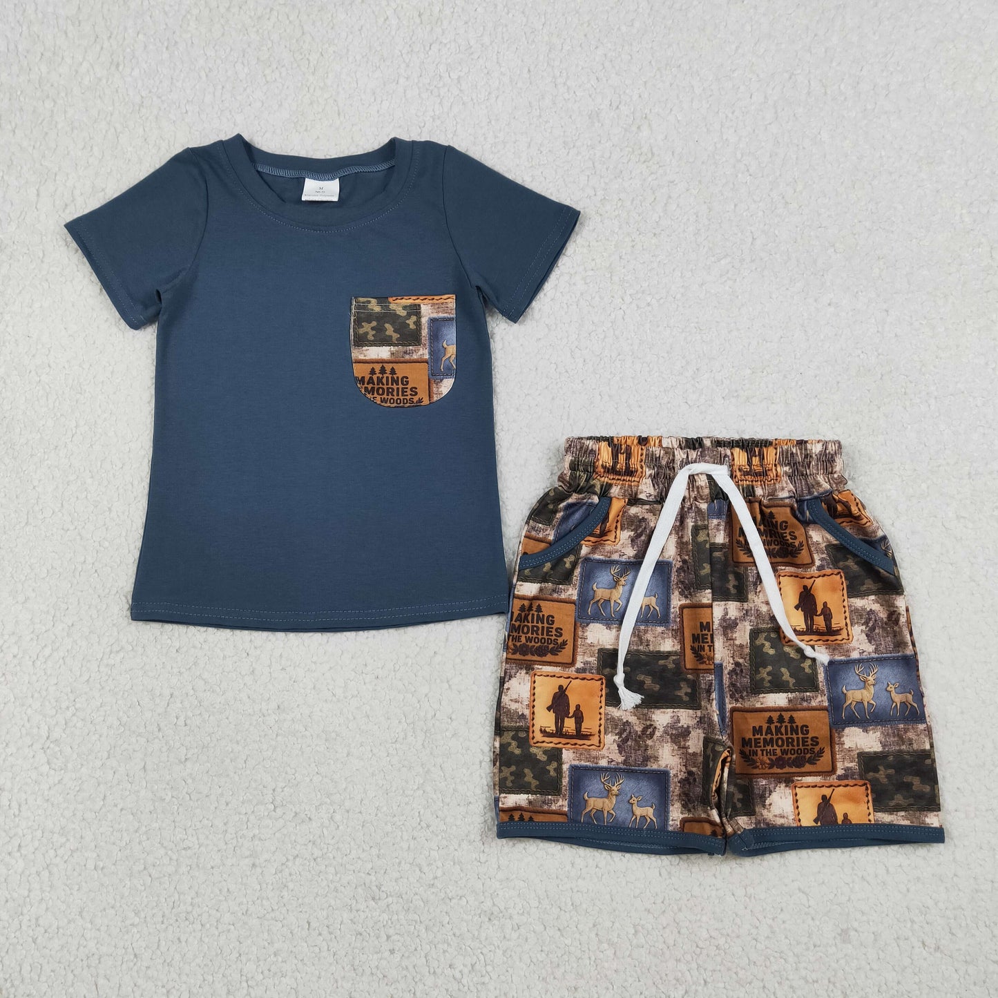 Sibling Baby Boys Deer Camo Checked Top Pockets Short Hunting Clothes Set Rompers