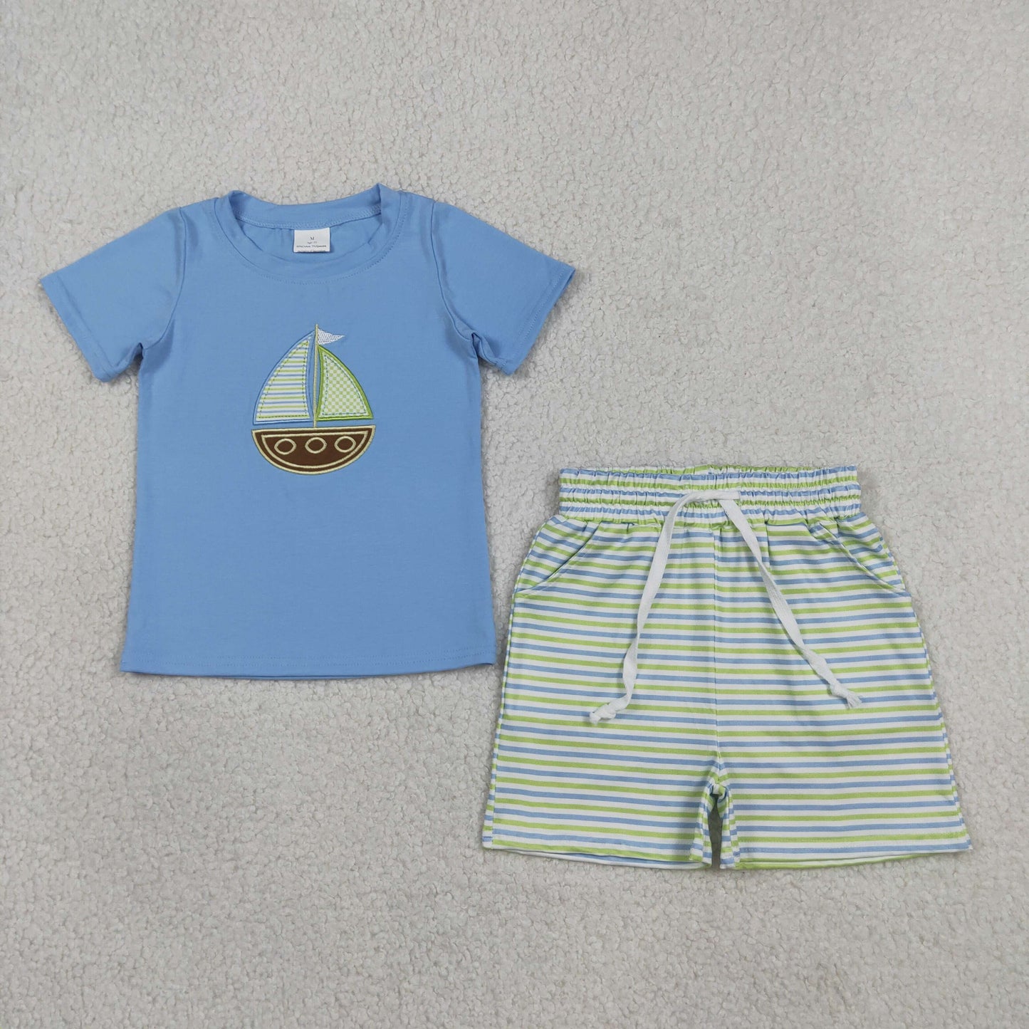 Sibling Baby Boys Short Sleeve Embroidery Boats Top Stripe Checked Shorts Clothes Sets